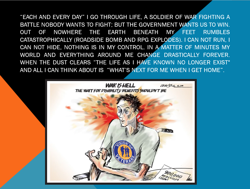 Vision of Veterans PTSD awareness graphic: a veteran's account of a roadside bomb and the wait for disability benefits