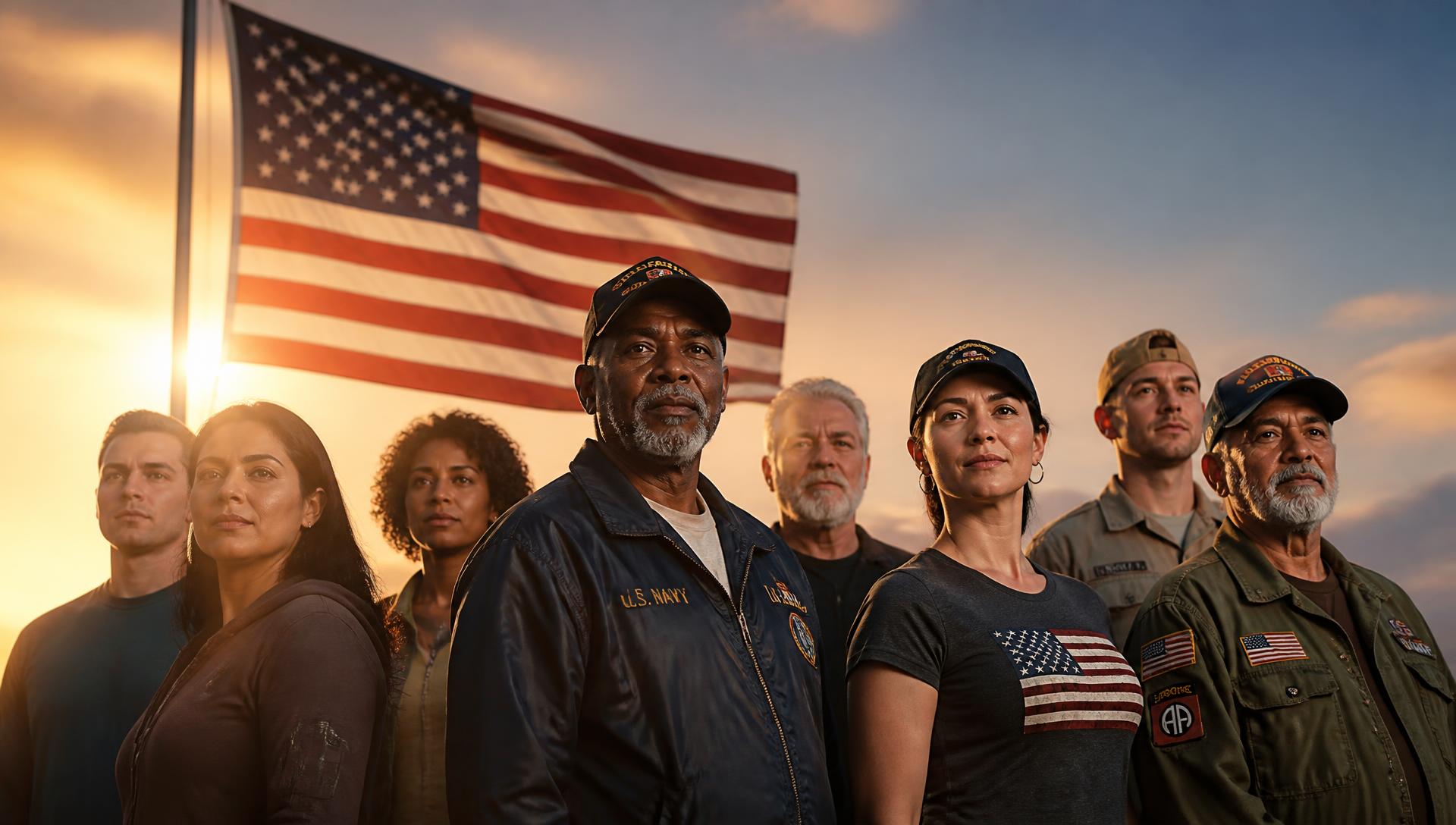 Diverse group of American veterans standing together in front of the United States flag at sunset
